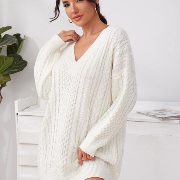 cream v neck chunky knit sweater dress fall - Picture 3 of 4